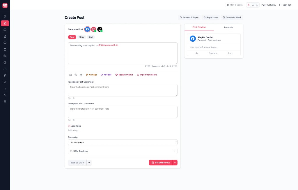SoSocial Compose screen — write a caption, preview the post, and schedule across Facebook, Instagram, X and TikTok