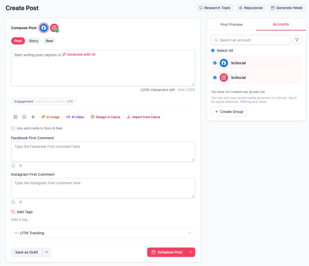 SoSocial Create Post — compose across Facebook, Instagram, X and TikTok with AI caption generation and engagement scoring